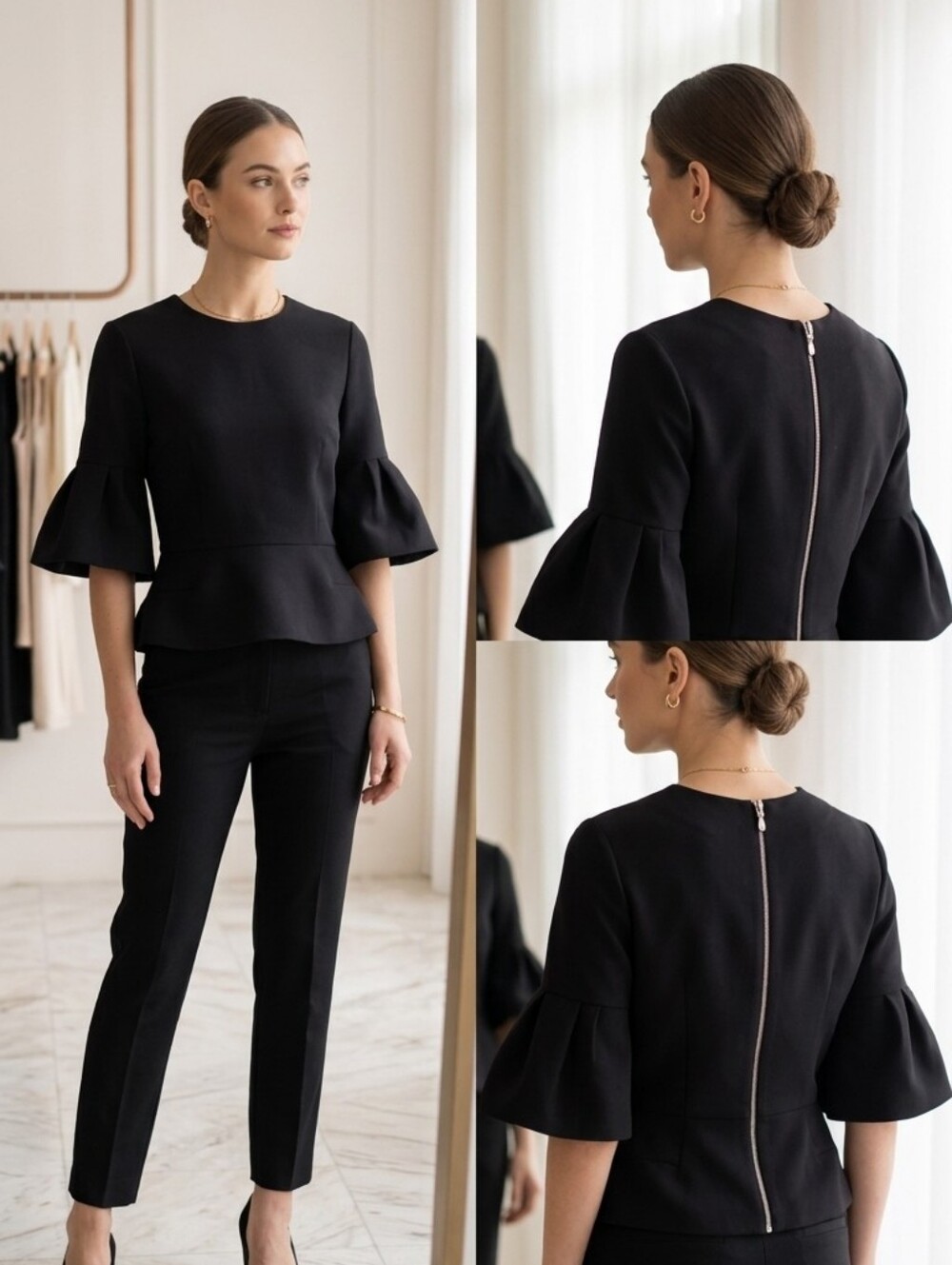 Structured Black Peplum Top with Ruffled Sleeves - Picture 5 of 5